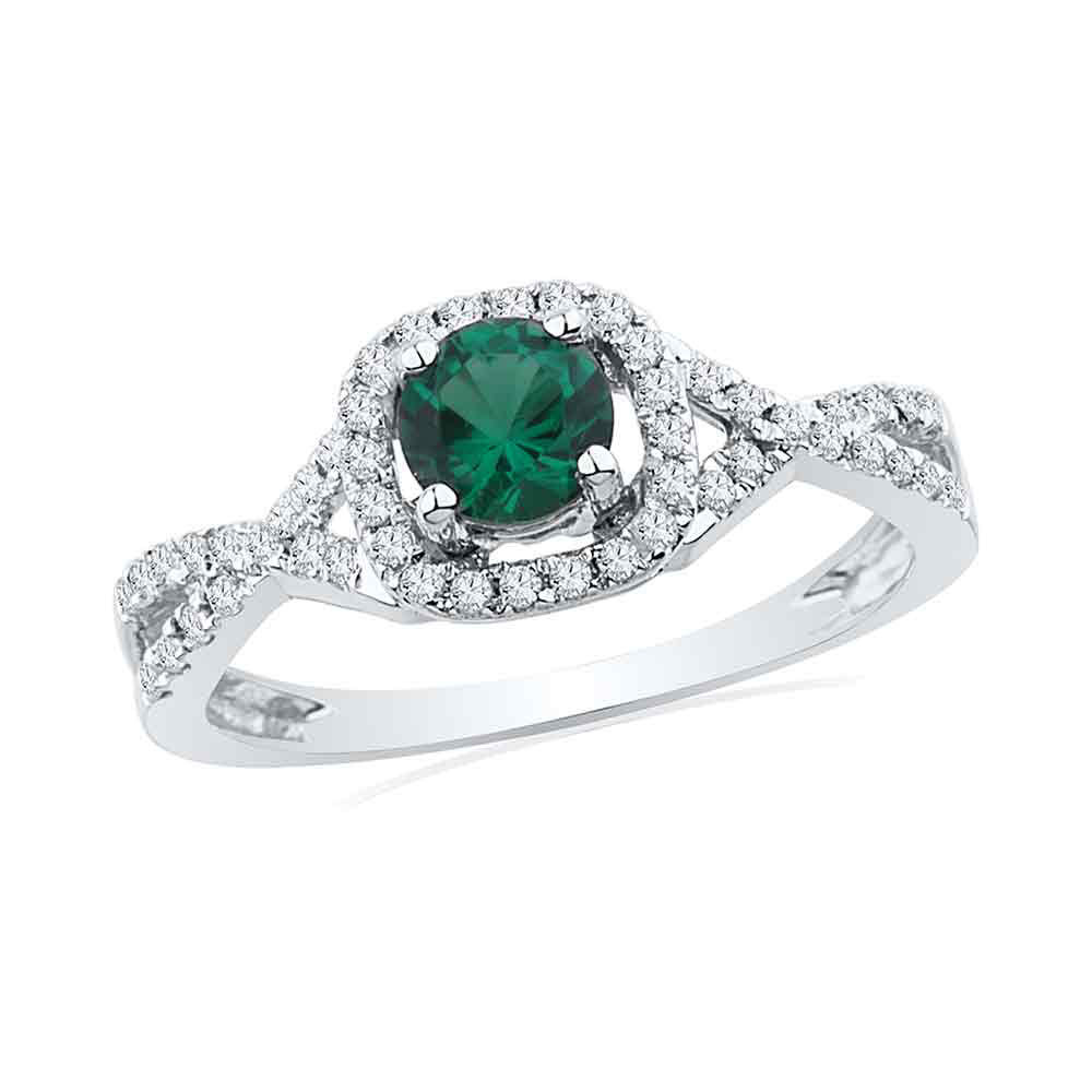 10k White Gold Round Lab-Created Emerald Solitaire Diamond Fashion