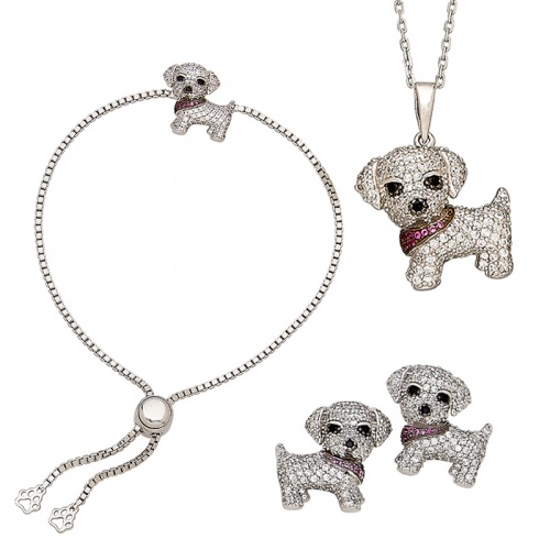 Silver Puppy with Bandana Pendant, Earring and Bracelet Set