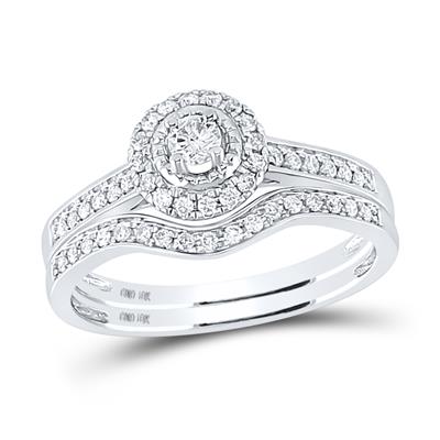 10k White Gold Round Diamond Halo Bridal Wedding Ring Set 1/3 Cttw