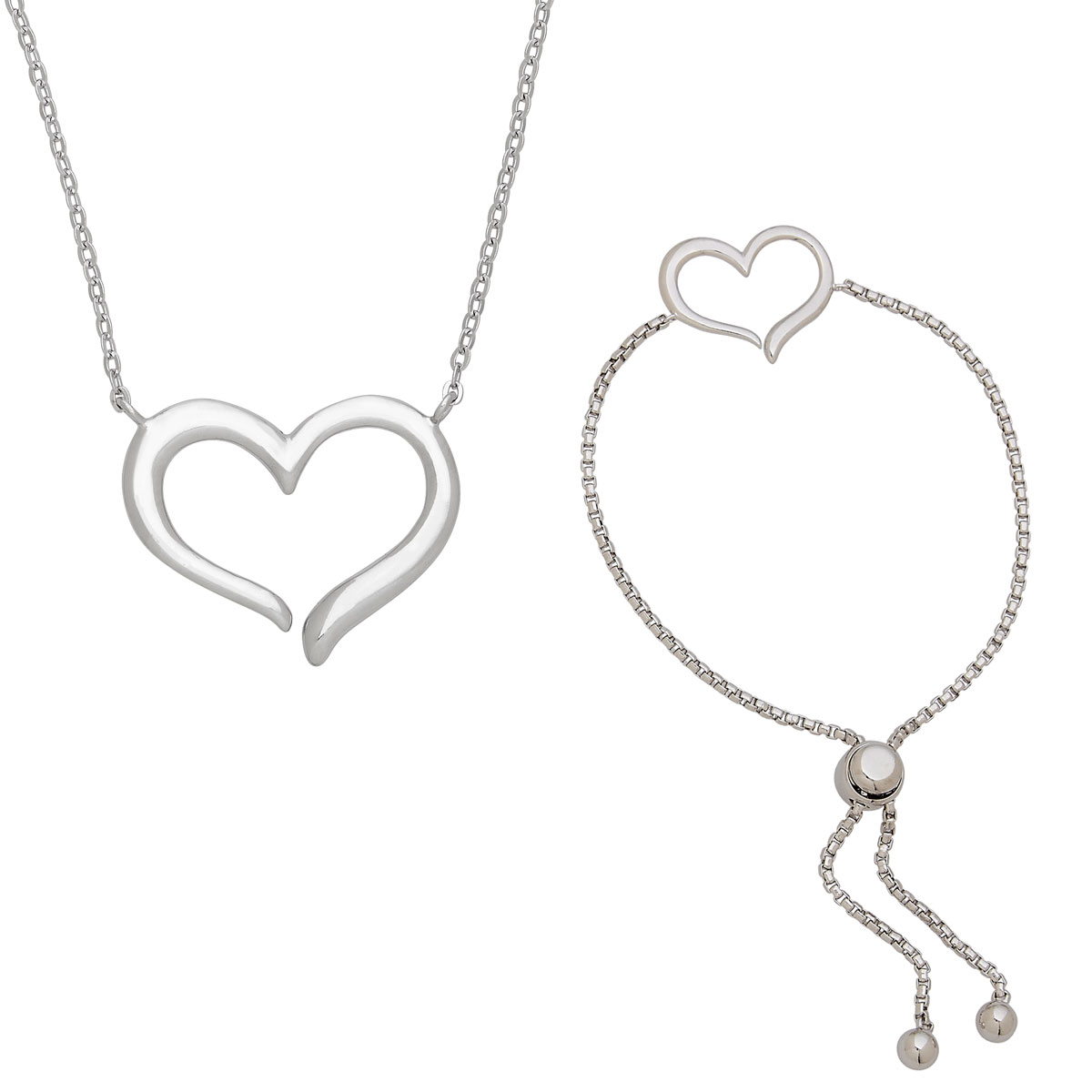 Open Heart in Sterling Silver Necklace 16"+2"ext and Lariat Bracelet Set
