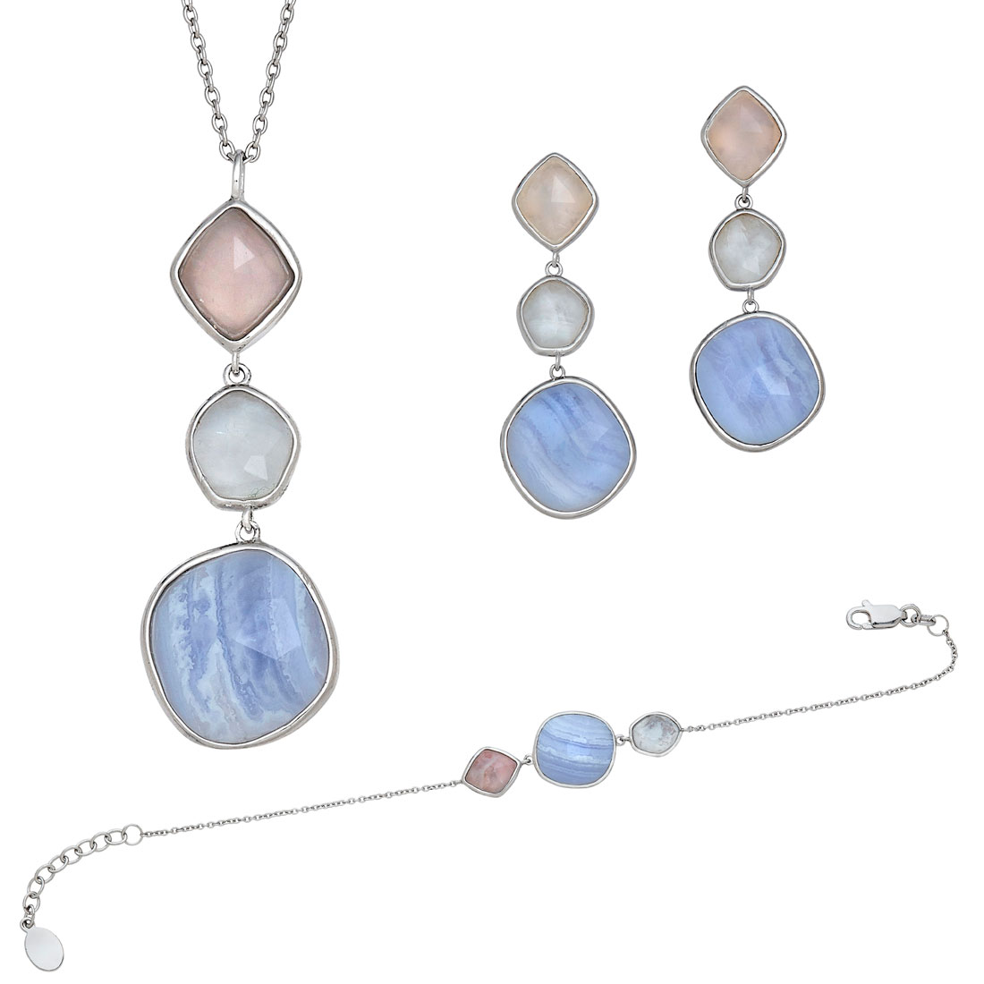 Silver Triple Genuine Stone with Blue Lace Agate, Moonstone and Rose Quartz Set