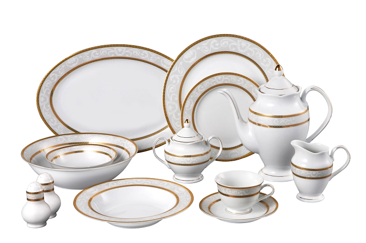 57 Piece Gold Border Dinner Set, Service For 8. By Lorren Home Trends