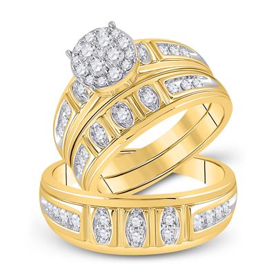10k Yellow Gold Round Diamond Cluster Matching Wedding Ring Set 1 Cttw