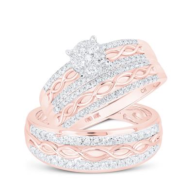 10k Rose Gold Round Diamond Cluster Matching Wedding Ring Set 1 Cttw