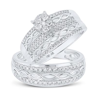 10k White Gold Round Diamond Cluster Matching Wedding Ring Set 1 Cttw