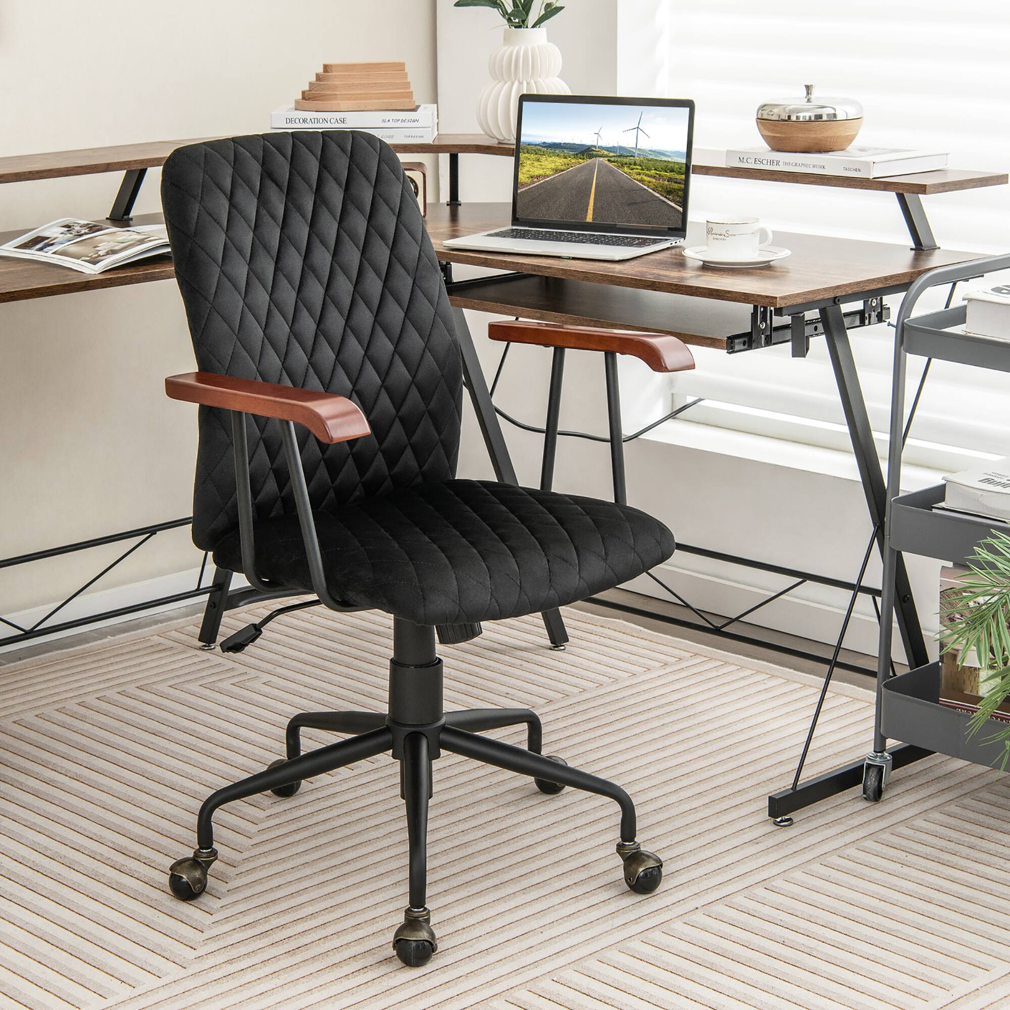 Costway - Velvet Home Office Chair with Adjustable Swivel and Wooden ...