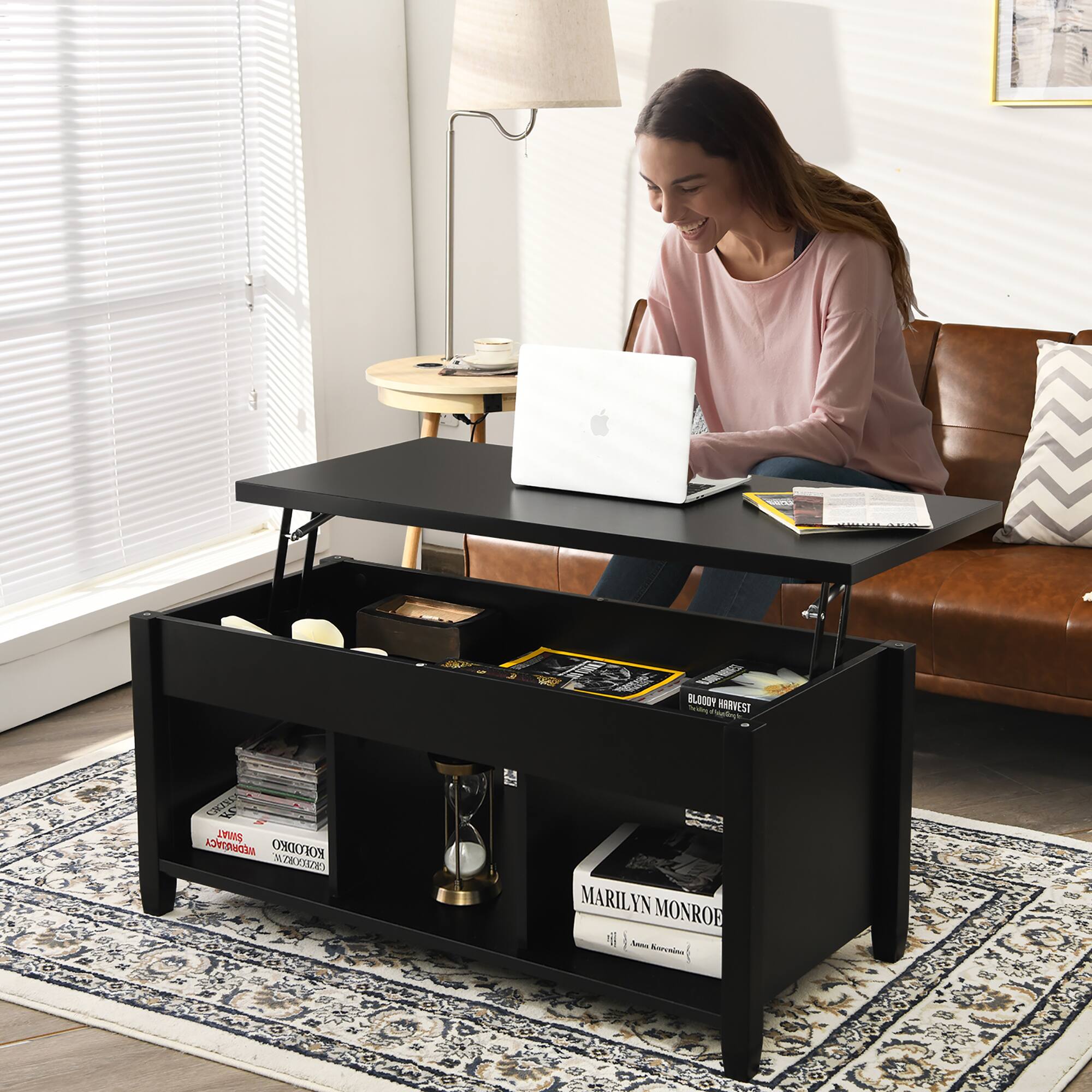 Costway Lift Top Coffee Table w/ Hidden Compartment and Storage Shelves ...