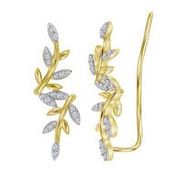 10k Yellow Gold Womens Round Diamond Climber Floral Earrings 1/5 Cttw