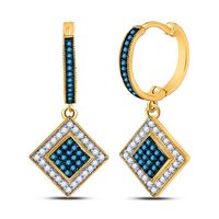 10k Yellow Gold Womens Round Blue Color Enhanced Diamond Square Dangle Earrings