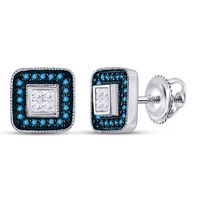 10k White Gold Round Blue Color Enhanced Diamond Square Cluster Earrings