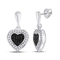 10k White Gold Round Black Color Enhanced Diamond Heart Dangle Earrings