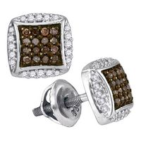 10k White Gold Round Brown Diamond Square Cluster Earrings 1/3