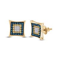10k Yellow Gold Mens Blue Color Enhanced Diamond Square Cluster Earrings