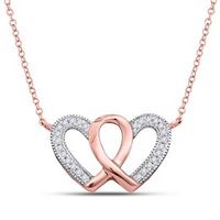 10k Rose Gold Round Diamond Double Heart Awareness Ribbon Pendant Necklace