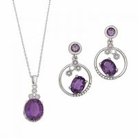 Silver Amethyst with White Topaz Honeycomb Design Pendant and Earring Set