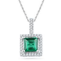 10k White Gold Cushion Created Emerald Solitaire Diamond Pendant 1-3/8 Cttw
