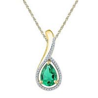 10k Yellow Gold Pear Created Emerald Solitaire Diamond Pendant 2 Cttw