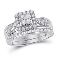 10K White Gold Diamond Square Cluster Bridal Wedding Ring Set 1/4 Cttw