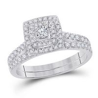 10k White Gold Round Diamond Halo Bridal Wedding Ring Set 1/2 Cttw