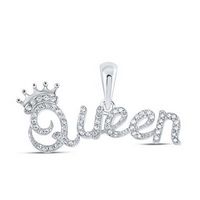 10k White Gold Round Diamond Queen Crown Fashion Pendant 1/6 Cttw