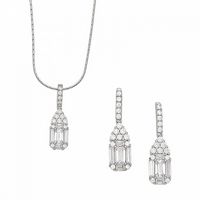 Silver Baguette and Round Shape 5A Clear CZ Design Pendant and Earring Set