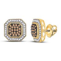 10kt Yellow Gold Round Brown Diamond Octagon Cluster Earrings 1/2 Cttw