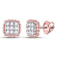 10k Rose Gold Round Diamond Beaded Square Frame Cluster Earrings 1/4 Cttw