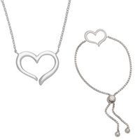 Open Heart in Sterling Silver Necklace 16&quot;+2&quot;ext and Lariat Bracelet Set