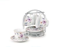 8oz. Set of 4 Coffee/Tea Cups On Metal Stand-Purple Flower