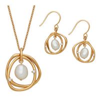 Silver Double Wavy Circles w/White Topaz and Fresh Water Pearl Gold Tone Necklace &amp; Earring Set