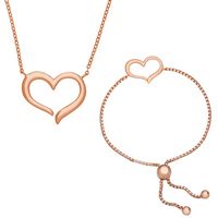 Open Heart Rose Gold Tone in Sterling Silver Necklace 16&quot;+2&quot;ext and Lariat Bracelet Set