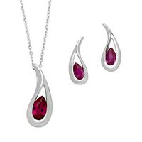 Silver Curved Tear Drop with Pear Shape Ruby Color CZ Pendant and Earring Set