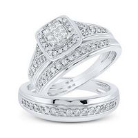 10k White Gold Princess Diamond Square Matching Wedding Ring Set 3/4 Cttw