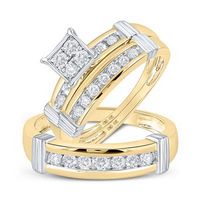 10k Yellow Gold Round Diamond Square Matching Wedding Ring Set 5/8 Cttw
