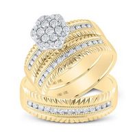 14k Yellow Gold Round Diamond Cluster Matching Wedding Ring Set 3/4 Cttw
