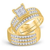 10k Yellow Gold Princess Diamond Cluster Matching Wedding Ring Set 1-5/8 Cttw