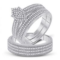 10k White Gold Round Diamond Cluster Matching Wedding Ring Set 3/4 Cttw