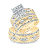 10k Yellow Gold Round Diamond Square Matching Wedding Ring Set 3/4 Cttw