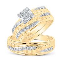 10k Yellow Gold Round Diamond Square Matching - Wedding Ring Set 1/2 Cttw