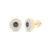 10k Yellow Gold Round Brown Diamond Cluster Earrings 1/6 Cttw