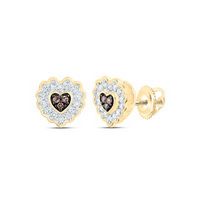 10k Yellow Gold Round Brown Diamond Heart Earrings 1/6 Cttw