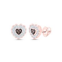 10k Rose Gold Round Brown Diamond Heart Earrings 1/6 Cttw