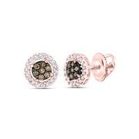 10k Rose Gold Round Brown Diamond Flower Cluster Earrings 1/4 Cttw