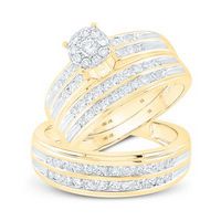 10k Yellow Gold Round Diamond Cluster Matching Wedding Ring Set 1-1/5 Cttw