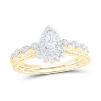 10k Yellow Gold Pear Diamond Halo Bridal Wedding Ring Set 3/8 Cttw (Certified)