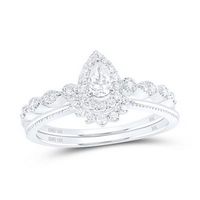 10k White Gold Pear Diamond Halo Bridal Wedding Ring Set 3/8 Cttw (Certified)