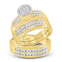 14k Yellow Gold Round Diamond Cluster Matching Wedding Ring Set 7/8 Cttw