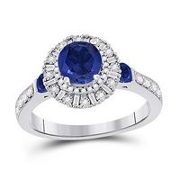 14k White Gold Round Blue Sapphire Diamond Halo Ring 1-3/4 Cttw