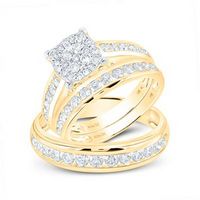 14k Yellow Gold Round Diamond Cluster Matching Wedding Ring Set 1-3/4 Cttw