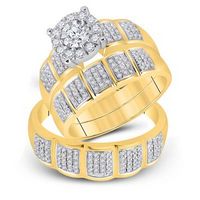 10k Yellow Gold Round Diamond Halo Matching Wedding Ring Set 7/8 Cttw